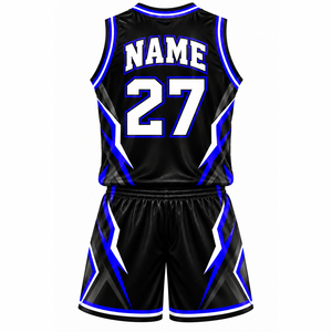 Ensemble d'uniformes de basket-ball personnalisés noir bleu blanc |   Maillot et short de basket-ball sublimés pour équipe |   Fabricant de vêtements de sport sur mesure - Product Image 2