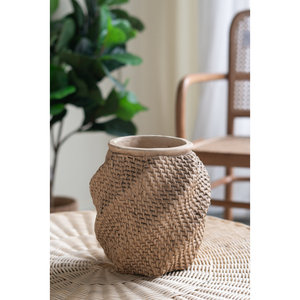 Diseño tejido intrincado, maceta decorativa de arena y cemento marrón, herramienta de torneado única - Product Image 4