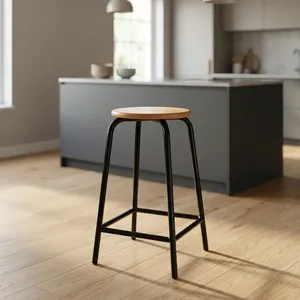 Modern Wooden <b>Bar</b> <b>Stool</b> with Black Metal Frame Counter Height Kitchen <b>Stool</b> Industrial Style High <b>Stool</b> for Home Kitchen Cafe - Product Image 2