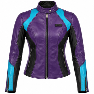 Chaqueta de Cuero para Motocicleta para Mujer, Color Morado, Cian y Negro, Chaqueta de Motociclista de Cuero Vacuno Genuino Darkry, Chaqueta Deportiva Ajustada para Motocross - Product Image 1