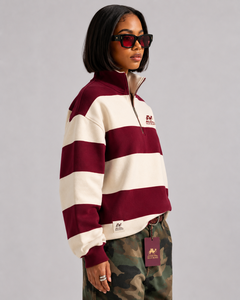 Sweat-shirt polaire uni pour femme Silk Road, couleur bordeaux, col demi-zip, décontracté, pour l'été, anti-boulochage, polyester/coton - Product Image 2