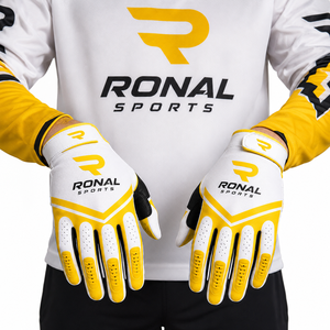 ถุงมือแข่งรถแบบเต็มนิ้ว Ronal Sports ผลิตจากโพลีเอสเตอร์และผ้าฝ้าย ระบายอากาศได้ดี กันลื่น ปิดด้วยหัวเข็มขัด พิมพ์ลายดิจิทัล สีเหลืองขาว - Product Image 3