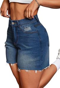 Shorts de mezclilla de cintura alta con dobladillo deshilachado y detalles rotos para mujer, ropa informal de verano - Product Image 2