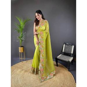 FANCY BRILLANTE SEDA BORDADA CORTE FLORAL TRABAJO SAREE CON BLUSA SIN COSTAR AMARILLO - Product Image 1