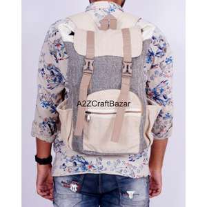 Sac à dos artisanal unisexe de taille moyenne en toile 100% coton, léger, vintage, 20L, avec fermeture à glissière et boucle, logo artisanal, pour les voyages - Product Image 6