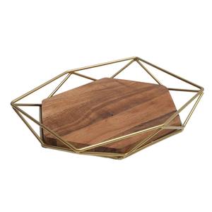 Bandeja Redonda Hexagonal de Madera y Hierro Pulido, Ecológica, Color Dorado - Product Image 6