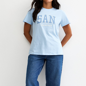 Light Blue 100% Cotton Women's T-Shirt New Arrival Women's Short Sleeve Crew Neck Women's T-Shirts Wholesale Custom Logo Shirts - Product Image 5