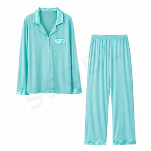 Ensemble de pyjama en modal à manches longues, couleur unie turquoise, col cranté, fermeture boutonnée, vente en gros, vêtements de nuit personnalisés pour femmes BD - Product Image 1