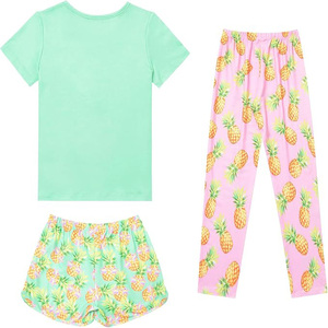 Conjunto de Pijama para Bebés Niñas con Estampado de Corazones, Camiseta y Pantalones Cortos, Transpirable, de Algodón y Spandex, Ropa de Dormir de Verano, Cuello Redondo, Manga Corta, 3 Piezas - Product Image 4