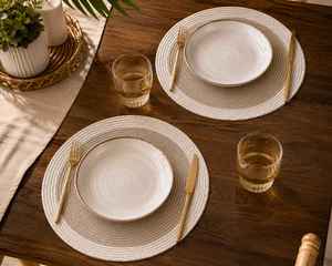 Set de table rond en coton beige avec bordure blanche pour table à manger - Product Image 4