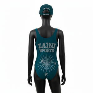 Traje de baño de una pieza premium para mujer, de nailon y spandex, suave y elástico, color verde azulado, con logotipo de cristal termoadhesivo, para bañarse. - Product Image 2