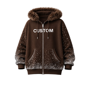 Men's Brown Custom Print Fur Hood Zip Up Hoodie Winter Fleece Streetwear Hooded <b>Jacket</b> with <b>Rhinestones</b> Design - Product Image 1