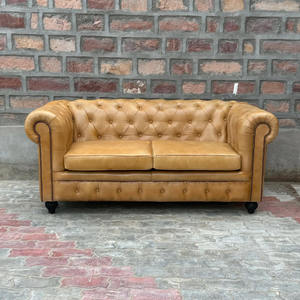 Luxury Beige Chesterfield Leather <b>Sofa</b> Two Seater <b>Wood</b> <b>Frame</b> Deep Button Tufted Back Rolled Arms Vintage Living Transitional - Product Image 4