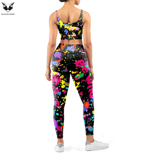 <b>Women</b> Neon Graffiti Active Set High Stretch Fitness Tights Scoop Neck Crop <b>Top</b> Bra <b>Compression</b> Two Piece Matching Exercise Sets - Product Image 2
