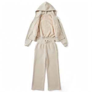 Survêtement 2-en-1 pour femme, beige, à capuche, zippé, épais, manches longues, couleur unie, coupe décontractée, en coton, sweat-shirt et pantalon - Product Image 3