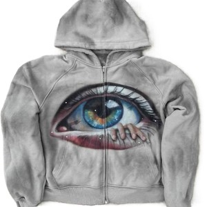 Sweat à capuche zippé intégral personnalisé pour homme, en coton 100% grammage lourd, délavé à l'acide, avec imprimé œil, style streetwear, coupe oversize, haute qualité, 2026 OEM - Product Image 1