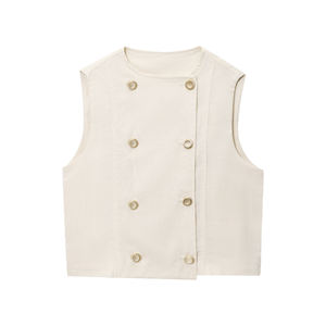 Gilet décontracté beige à col rond et double boutonnage pour femme, coupe-vent, respirant, sans manches, avec poches à rabat - Product Image 1