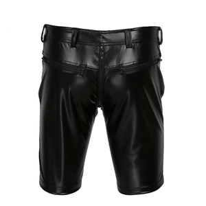 Men's Black PU Coated Bermuda Shorts Mid Waist Zipper Fly Moto Biker Style With Zippers Pockets Breathable Spandex Polyester - Product Image 3