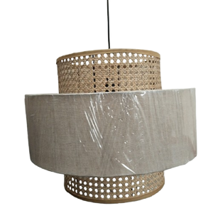 Luminaire suspendu moderne en cannage et lin de style bohème |   Abat-jour suspendu double couche en rotin naturel tressé |   Fibre de bambou décorative - Product Image 1