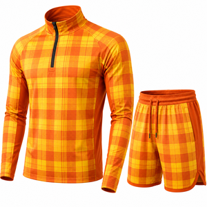 Men's Orange Yellow Solid Quarter-Zip Pullover Shorts <b>Set</b> Sporty Casual Breathable <b>Knitted</b> 100% Polyester - Product Image 4