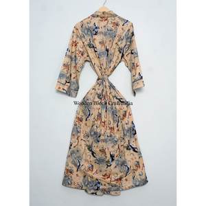 Albornoz Kimono de Algodón Estampado a Mano con Cinturón, Albornoces Suaves de Algodón, Albornoz Kimono Estampado a Mano, Albornoz Personalizado para Mujer - Product Image 6