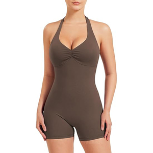 Color Block Panels Halter Yoga Jumpsuit Women Nylon Spandex Blend Sleeveless Full Length Shorts Contrast Sections - Product Image 1