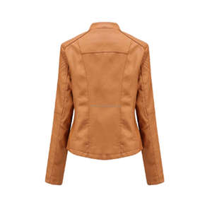 Chaqueta de cuero acolchada estilo motociclista para mujer, cremallera marrón, ropa de abrigo elegante para otoño, detalles de encaje, bolsillos con cremallera, viscosa transpirable - Product Image 2