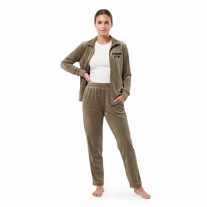 Ensemble de survêtement en velours pour femme, coupe classique, deux pièces, veste zippée et pantalon assorti, tenue décontractée, vente en gros personnalisée - Product Image 2
