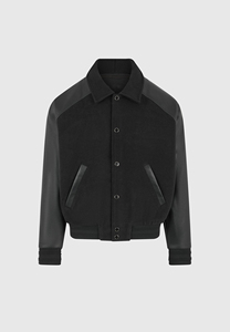 Men's Black Varsity <b>Jacket</b> Cotton Body Genuine Sheepskin Sleeves Turn-down Collar Casual Winter Wear Shearing Front - Product Image 4