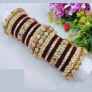 Royal Bridal Kundan and Pearl Velvet <b>Bangles</b> Elegant Pearl Bracelets <b>Set</b> Perfect for Wedding Jewelry Collection - Product Image 1