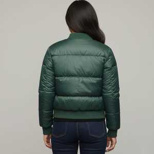 Blouson bomber matelassé vert pour femme, manches longues, col montant, fermeture éclair, vêtement d'hiver, couleur unie, rembourrage en polyester - Product Image 6