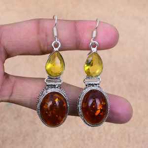 Boucles d'oreilles pendantes en argent sterling 925 faites à la main avec pierres précieuses d'ambre de la Baltique et citrine, cadeau d'anniversaire de luxe certifié pour les fêtes - Product Image 3