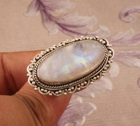 Bague Statement Luxe en Pierre de Lune Arc-en-ciel Naturelle avec Sertissage Clos, Grande Taille, en Argent Sterling 925 de Haute Qualité, Bijou Classique de Mariage