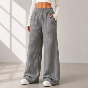 High Waist Wide Leg <b>Pants</b> Knitted Cotton Spandex Elastic Waist Loose Fit Full Length Solid Gray Casual <b>Pants</b> - Product Image 1