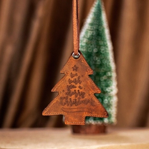 Custom Engraved Leather <b>Christmas</b> Ornaments Featuring Family Name & Festive Shapes With Leather Hanging Straps For Holiday Decor - Product Image 2