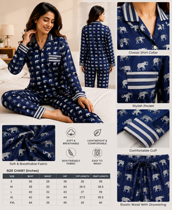 Artisan Elephant Print Crepe Silk Night Suit Women Long Pajama Set Traditional Hand Block Masterpiece Sleepwear Loungewear Set - Product Image 2