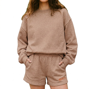 Women Comfortable Mock Neck Top With Shorts <b>Set</b> Warm Cozy Relaxed Fit Stylish Everyday Wear Outfit Modern Clothing - Product Image 1