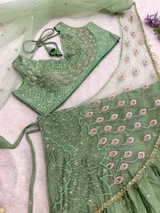 <b>Green</b> Beaded Lehenga Choli Sleeveless Embroidered Indian Wedding Party Dress <b>Net</b> Skirt Banarasi Style Festival Wear - Product Image 5