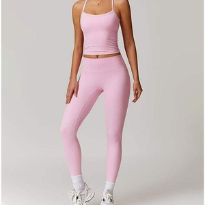 Pink Two Piece Yoga Set High Waisted Leggings Crisscross Strap <b>Crop</b> <b>Top</b> Seamless Full Length Spandex Polyester - Product Image 2