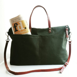 Sac fourre-tout en cuir et toile à fermeture ouverte, broderie, imperméable, pour voyage, travail, shopping, sac à bandoulière, grande capacité LCTB-0076 - Product Image 1