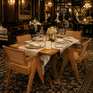 Juego de Comedor de Madera de Teca, Estilo Escandinavo Elegante, con Patas Arqueadas, Sillas de Ratán Tejidas a Mano, Moderno, para 4 Personas - Product Image 4