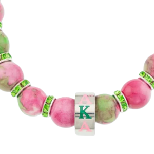 Pink Green and Silver Rhodonite <b>Beaded</b> <b>Bracelet</b> with Rhinestone Spacers Stretch Fashion Jewelry Gift Accessory Women - Product Image 2