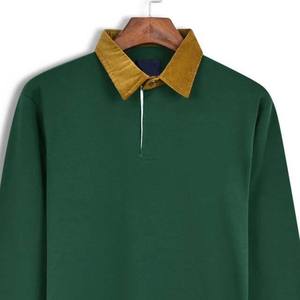 Chemises polo à manches longues sur mesure, couleur vert foncé, en coton lourd et molletonné, coupe décontractée, ourlet côtelé, style rugby, pour usage d'équipe - Product Image 3