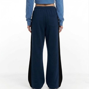 Women Navy Blue Wide Leg <b>Pants</b> High Waist Elastic Drawstring Loose Fit Casual Lounge Trousers Side Stripe Knitted Spandex Cotton - Product Image 2