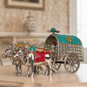 Sculpture décorative de chariot de bœuf en argent poli, artisanat en pierre fait main, pièce maîtresse pour l'ameublement de luxe - Product Image 2