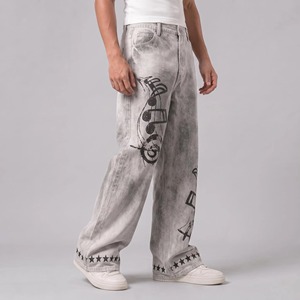 Jean en denim coupe large délavé effet neige, imprimé notes de musique tie-dye, coupe ample, style streetwear, taille haute, en coton, pour homme, collection printemps - Product Image 3