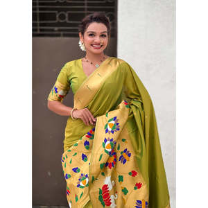 Sari en soie Paithani Mehendi avec concept demi-demi, grand bordure tissée en zari, châle ethnique - Product Image 1