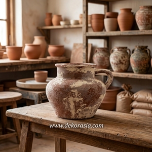 Vase Pichet Rustique Marron et Blanc en Terre Cuite Ensa, Jug en Céramique Faite à la Main, Vase Décoratif avec Poignée pour Table, Vente en Gros - Product Image 4