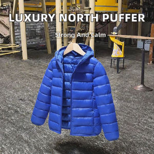 Men's Blue Hooded Puffer <b>Jacket</b> Zipper Closure Windproof Casual Autumn Wear Polyester Wadding Filling Stand Solid Color Front - Product Image 6