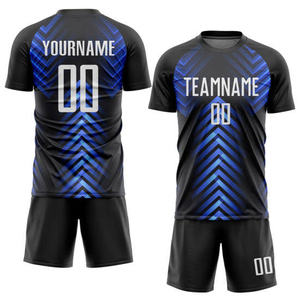 ชุดเสื้อฟุตบอลแบบกำหนดเอง สีดำ-น้ำเงิน ลายพิมพ์ซับลิเมชั่นรูปทรงเรขาคณิต ระบายเหงื่อได้ดี เสื้อผ้าสำหรับผู้ใหญ่แบบยูนิเซ็กซ์ คอกลม แขนสั้น - Product Image 1